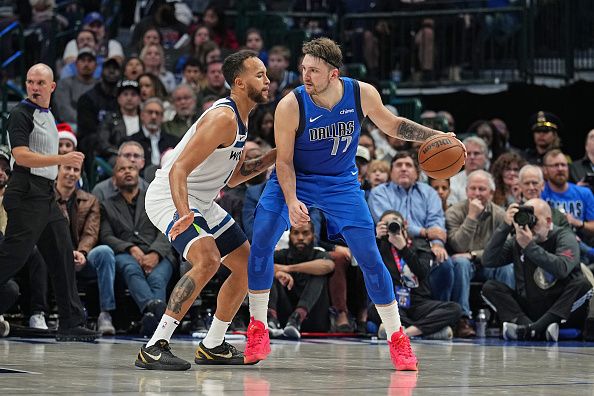 DALLAS, TX - DECEMBER 14: Luka Doncic #77 of the Dallas Mavericks dribbles the ball during the game against the Minnesota Timberwolves on December 14, 2023 at the American Airlines Center in Dallas, Texas. NOTE TO USER: User expressly acknowledges and agrees that, by downloading and or using this photograph, User is consenting to the terms and conditions of the Getty Images License Agreement. Mandatory Copyright Notice: Copyright 2023 NBAE (Photo by Glenn James/NBAE via Getty Images)