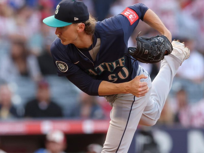 Jun 6, 2025; Anaheim, California, USA; Seattle Mariners pitcher Bryce Miller (50) throws during the first inning against the Los Angeles Angels at Angel Stadium. Mandatory Credit: Jason Parkhurst-Imagn Images