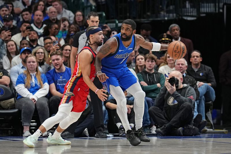 DALLAS, TX - JANUARY 13: Kyrie Irving #11 of the Dallas Mavericks dribbles the ball during the game against the New Orleans Pelicans on January 13, 2024 at the American Airlines Center in Dallas, Texas. NOTE TO USER: User expressly acknowledges and agrees that, by downloading and or using this photograph, User is consenting to the terms and conditions of the Getty Images License Agreement. Mandatory Copyright Notice: Copyright 2024 NBAE (Photo by Glenn James/NBAE via Getty Images)