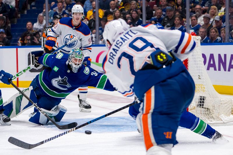 May 20, 2024; Vancouver, British Columbia, CAN; Vancouver Canucks goalie Arturs Silvos (31) makes a diving save on Edmonton Oilers forward Leon Draisaitl (29) during the second period in game seven of the second round of the 2024 Stanley Cup Playoffs at Rogers Arena. Mandatory Credit: Bob Frid-USA TODAY Sports