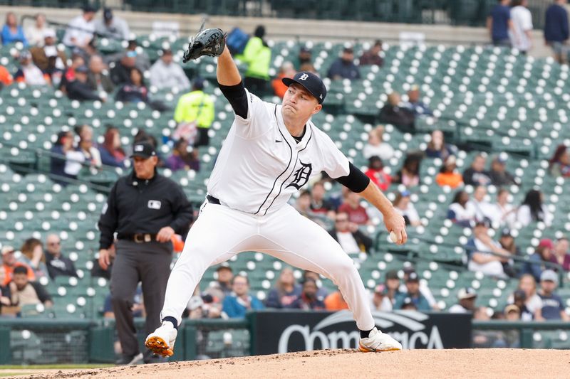 Apr 17, 2024; Detroit, Michigan, USA; Detroit Tigers starting pitcher Tarik Skubal (29) throws during the second inning of the game against the Texas Rangers at Comerica Park. Mandatory Credit: Brian Bradshaw Sevald-USA TODAY Sports