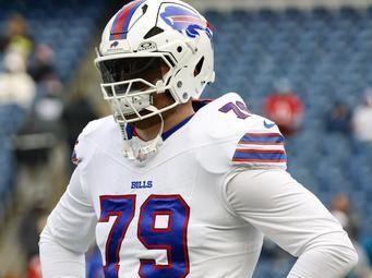 Buffalo Bills offensive tackle Spencer Brown (79) reacts prior to an NFL football game against the New England Patriots, Sunday, Jan. 5, 2025, in Foxborough, Mass. (AP Photo/Greg M. Cooper)