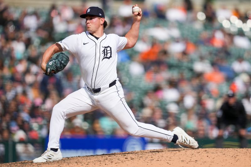 Apr 20, 2025; Detroit, Michigan, USA; Detroit Tigers pitcher Tyler Holton (87) throws against the Kansas City Royals in the 10th inning at Comerica Park. Mandatory Credit: Aaron Doster-Imagn Images