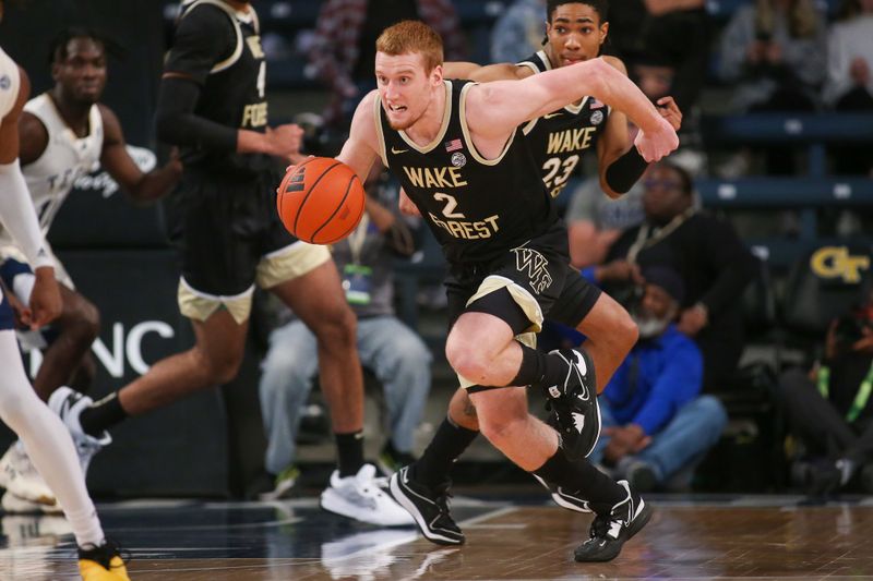 Feb 6, 2024; Atlanta, Georgia, USA; Wake Forest Demon Deacons guard Cameron Hildreth (2) dribbles against the Georgia Tech Yellow Jackets in the first half at McCamish Pavilion. Mandatory Credit: Brett Davis-USA TODAY Sports