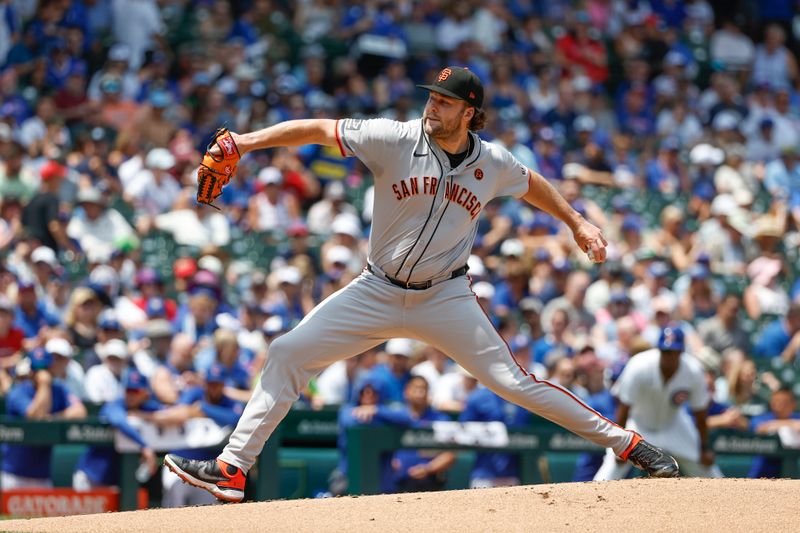 Jun 19, 2024; Chicago, Illinois, USA; San Francisco Giants starting pitcher Erik Miller (68) delivers a pitch against the Chicago Cubs during the first inning at Wrigley Field. Mandatory Credit: Kamil Krzaczynski-USA TODAY Sports