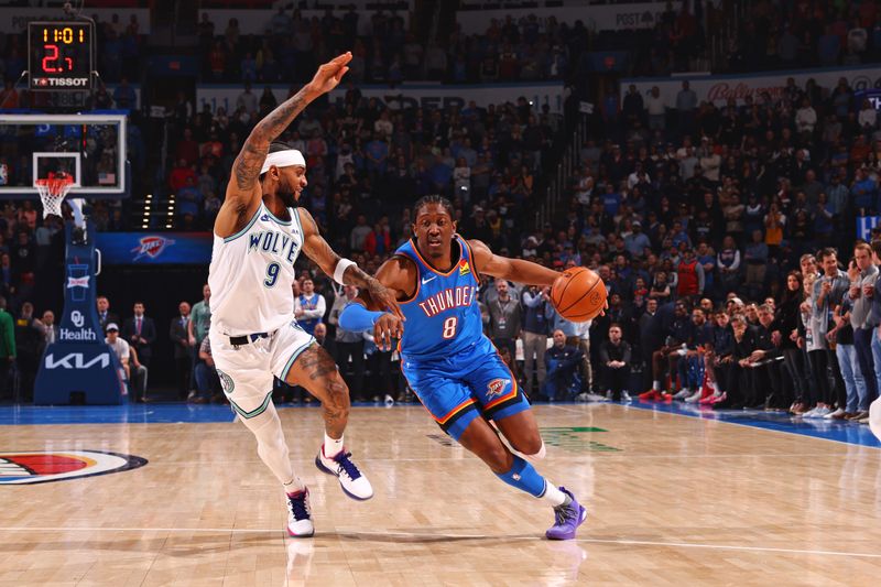 OKLAHOMA CITY, OK - JANUARY 29: Jalen Williams #8 of the Oklahoma City Thunder handles the ball during the game against the Minnesota Timberwolves on January 29, 2024 at Paycom Arena in Oklahoma City, Oklahoma. NOTE TO USER: User expressly acknowledges and agrees that, by downloading and or using this photograph, User is consenting to the terms and conditions of the Getty Images License Agreement. Mandatory Copyright Notice: Copyright 2024 NBAE (Photo by Zach Beeker/NBAE via Getty Images)