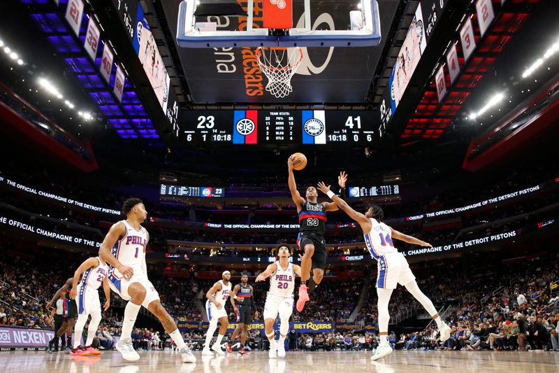 DETROIT, MI - NOVEMBER 30:   Jaden Ivey #23 of the Detroit Pistons shoots the ball during the game against the Philadelphia 76ers during a regular season game on November 30, 2024 at Little Caesars Arena in Detroit, Michigan. NOTE TO USER: User expressly acknowledges and agrees that, by downloading and/or using this photograph, User is consenting to the terms and conditions of the Getty Images License Agreement. Mandatory Copyright Notice: Copyright 2024 NBAE (Photo by Brian Sevald/NBAE via Getty Images)