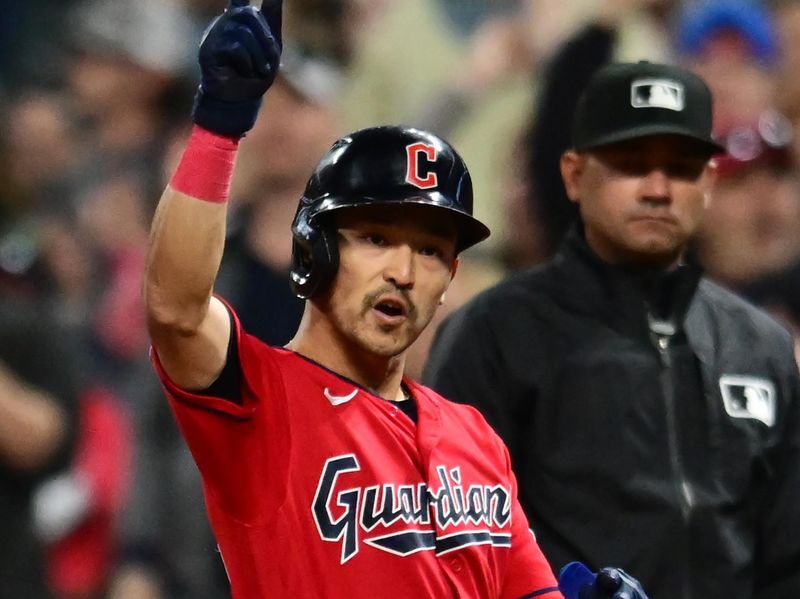 Sep 16, 2023; Cleveland, Ohio, USA; Cleveland Guardians left fielder Steven Kwan (38) celebrates after hitting an RBI single during the eighth inning against the Texas Rangers at Progressive Field. Mandatory Credit: Ken Blaze-USA TODAY Sports