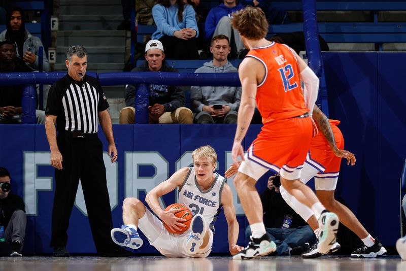 Jan 31, 2023; Colorado Springs, Colorado, USA; Air Force Falcons forward Rytis Petraitis (31) controls the ball from the court against Boise State Broncos forward Naje Smith (23) and guard Max Rice (12) in the first half at Clune Arena. Mandatory Credit: Isaiah J. Downing-USA TODAY Sports