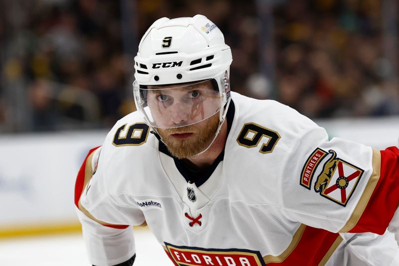Mar 11, 2025; Boston, Massachusetts, USA; Florida Panthers center Sam Bennett (9) prepares for a face off against the Boston Bruins during the second period at TD Garden. Mandatory Credit: Winslow Townson-Imagn Images