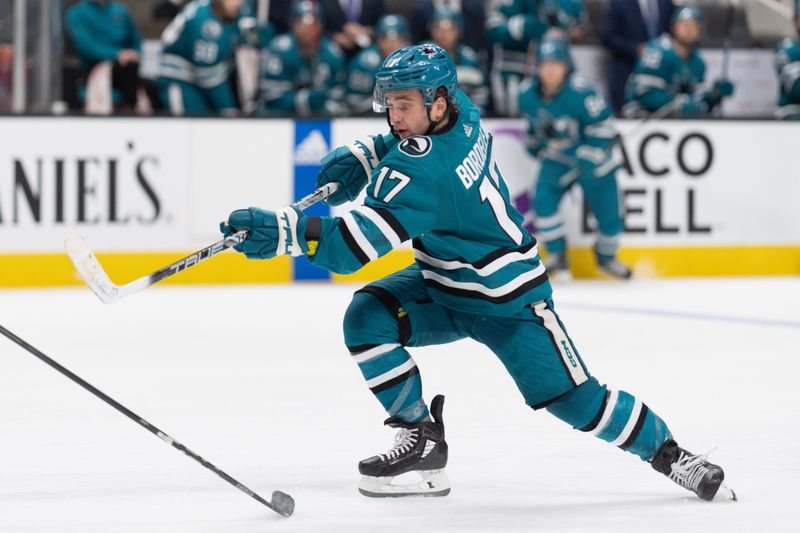 Sep 24, 2023; San Jose, California, USA;  San Jose Sharks center Thomas Bordeleau (17) shoots the puck during the second period against the Vegas Golden Knights at SAP Center at San Jose. Mandatory Credit: Stan Szeto-USA TODAY Sports