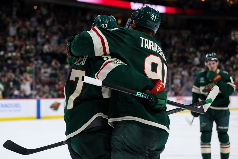 Sep 30, 2025; Saint Paul, Minnesota, USA; Minnesota Wild forward Kirill Kaprizov (97) celebrates his goal against the Winnipeg Jets during the second period at Grand Casino Arena. Mandatory Credit: Matt Krohn-Imagn Images