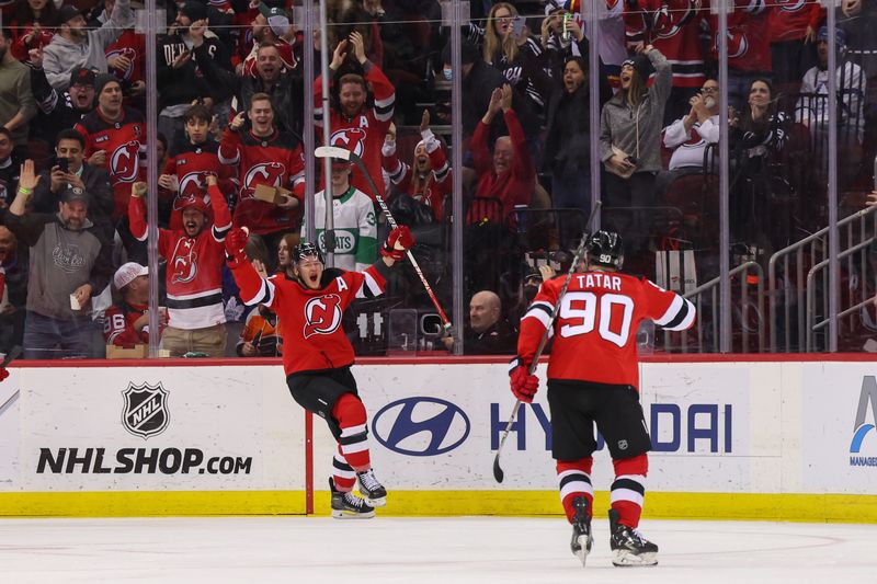 Mar 7, 2023; Newark, New Jersey, USA; New Jersey Devils left wing Ondrej Palat (18) celebrates his goal against the Toronto Maple Leafs during the third period at Prudential Center. Mandatory Credit: Ed Mulholland-USA TODAY Sports