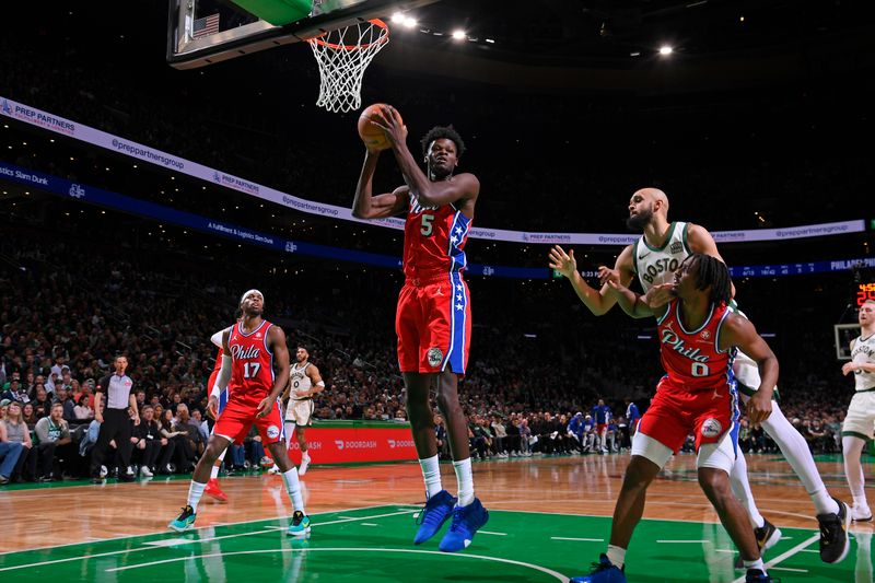 BOSTON, MA - FEBRUARY 27: Mo Bamba #5 of the Philadelphia 76ers rebounds during the game against the Boston Celtics on February 27, 2024 at the TD Garden in Boston, Massachusetts. NOTE TO USER: User expressly acknowledges and agrees that, by downloading and or using this photograph, User is consenting to the terms and conditions of the Getty Images License Agreement. Mandatory Copyright Notice: Copyright 2024 NBAE  (Photo by Brian Babineau/NBAE via Getty Images)