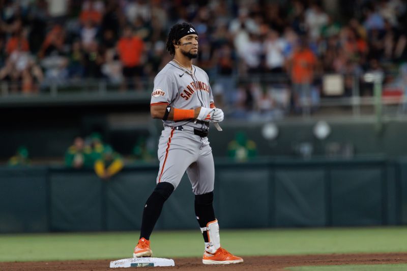 Jul 6, 2025; West Sacramento, California, USA; San Francisco Giants center fielder Luis Matos (29) stands on second base after hitting a two-run RBI ground-ruled double during the fifth inning against the Athletics at Sutter Health Park. Mandatory Credit: Sergio Estrada-Imagn Images