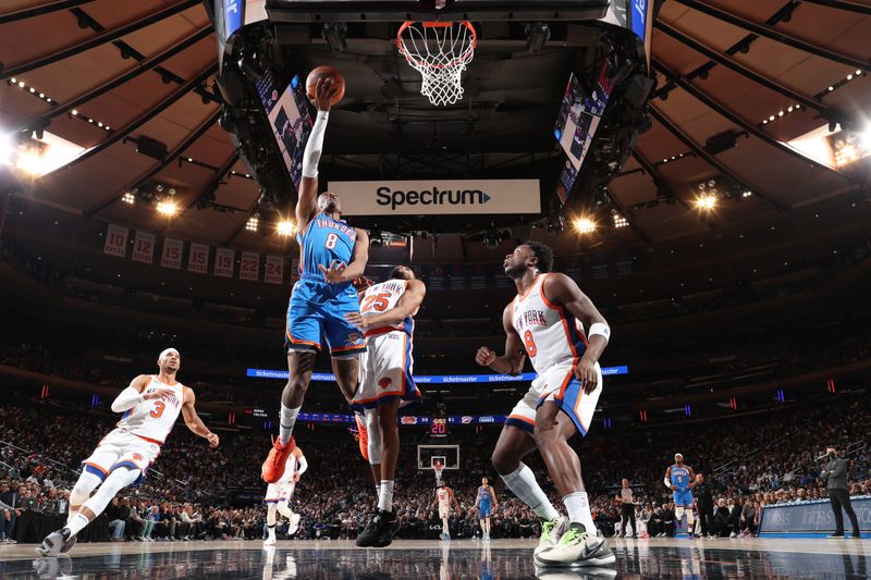 NEW YORK, NY - JANUARY 10:   Jalen Williams #8 of the Oklahoma City Thunder drives to the basket during the game against the New York Knicks on January 10, 2025 at Madison Square Garden in New York City, New York.  NOTE TO USER: User expressly acknowledges and agrees that, by downloading and or using this photograph, User is consenting to the terms and conditions of the Getty Images License Agreement. Mandatory Copyright Notice: Copyright 2024 NBAE  (Photo by Nathaniel S. Butler/NBAE via Getty Images)