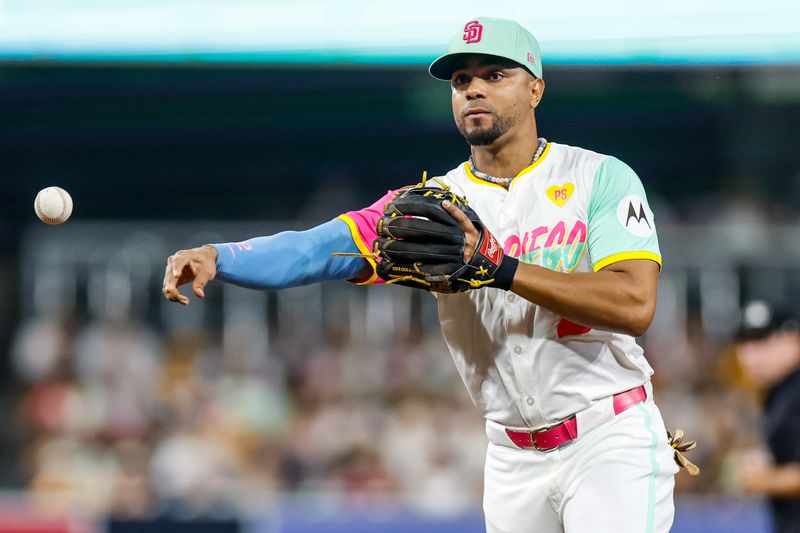 Sep 6, 2024; San Diego, California, USA; San Diego Padres second baseman Xander Bogaerts (2) makes the throw to first for an out during the third inning against the San Francisco Giants at Petco Park. Mandatory Credit: David Frerker-Imagn Images