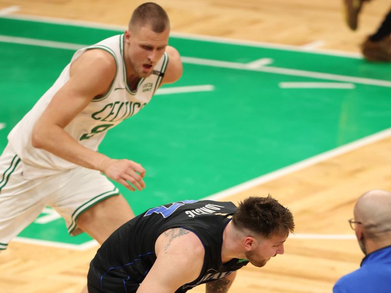 BOSTON, MA - JUNE 6: Luka Doncic #77 of the Dallas Mavericks dribbles the ball during the game against the Boston Celtics during Game One of the 2024 NBA Finals on June 6, 2024 at the TD Garden in Boston, Massachusetts. NOTE TO USER: User expressly acknowledges and agrees that, by downloading and or using this photograph, User is consenting to the terms and conditions of the Getty Images License Agreement. Mandatory Copyright Notice: Copyright 2024 NBAE  (Photo by Lauren Leigh Bacho/NBAE via Getty Images)