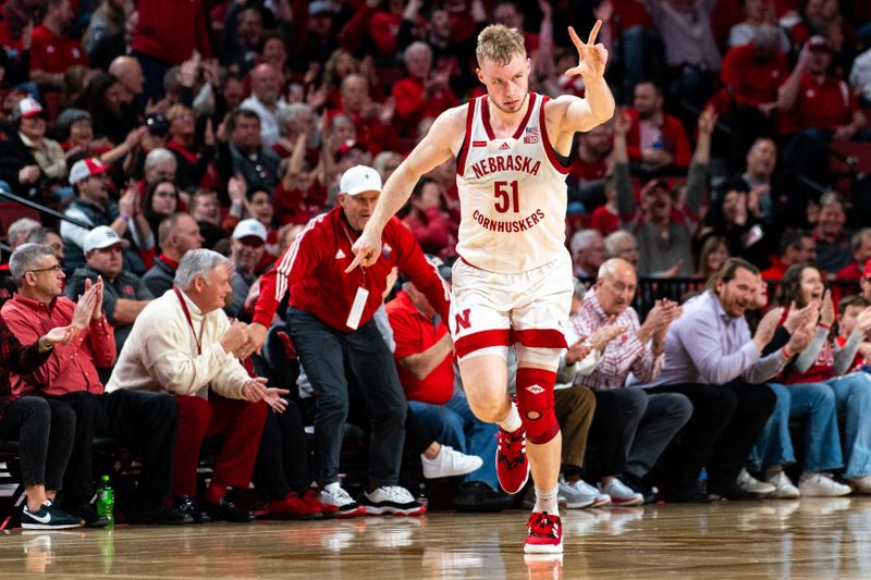 Jan 23, 2024; Lincoln, Nebraska, USA; Nebraska Cornhuskers forward Rienk Mast (51) celebrates after a 3-point shot against the Ohio State Buckeyes during the second half at Pinnacle Bank Arena. Mandatory Credit: Dylan Widger-USA TODAY Sports