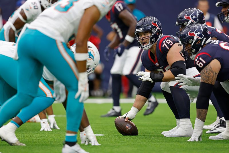 Houston Texans center Jimmy Morrissey (79) in action during an NFL preseason football game against the Miami Dolphins, Saturday, Aug. 19, 2023, in Houston. (AP Photo/Tyler Kaufman)