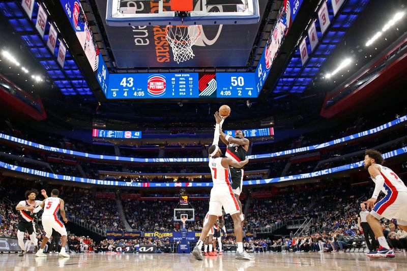 DETROIT, MI - JANUARY 06: Deandre Ayton #2 of the Portland Trail Blazers shoots the ball during the game against the Detroit Pistons on January 06, 2025 at Little Caesars Arena in Detroit, Michigan. NOTE TO USER: User expressly acknowledges and agrees that, by downloading and/or using this photograph, User is consenting to the terms and conditions of the Getty Images License Agreement. Mandatory Copyright Notice: Copyright 2024 NBAE (Photo by Brian Sevald/NBAE via Getty Images)