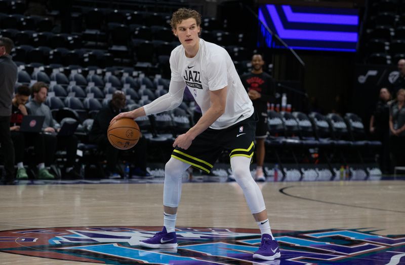 SALT LAKE CITY UT- NOVEMBER 23: Lauri Markkanen #23 of the Utah Jazz dribbles the ball during warmups before their game agaisnt the Detroit Pistons November 23, 2022 at the Vivint Arena in Salt Lake City, Utah. NOTE TO USER: User expressly acknowledges and agrees that, by downloading and using this photograph, User is consenting to the terms and conditions of the Getty Images License Agreement (Photo by Chris Gardner/ Getty Images)