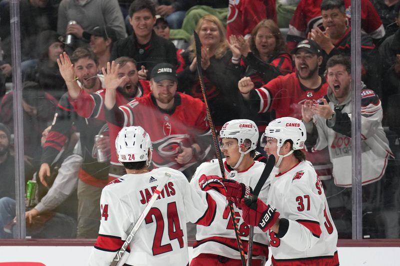 Mar 3, 2023; Tempe, Arizona, USA; Carolina Hurricanes center Sebastian Aho (20) celebrates his goal against the Arizona Coyotes during the first period at Mullett Arena. Mandatory Credit: Joe Camporeale-USA TODAY Sports