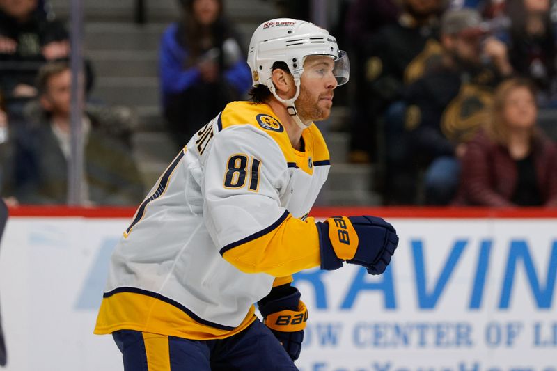Dec 13, 2025; Denver, Colorado, USA; Nashville Predators center Jonathan Marchessault (81) after his goal in the first period against the Colorado Avalanche at Ball Arena. Mandatory Credit: Isaiah J. Downing-Imagn Images