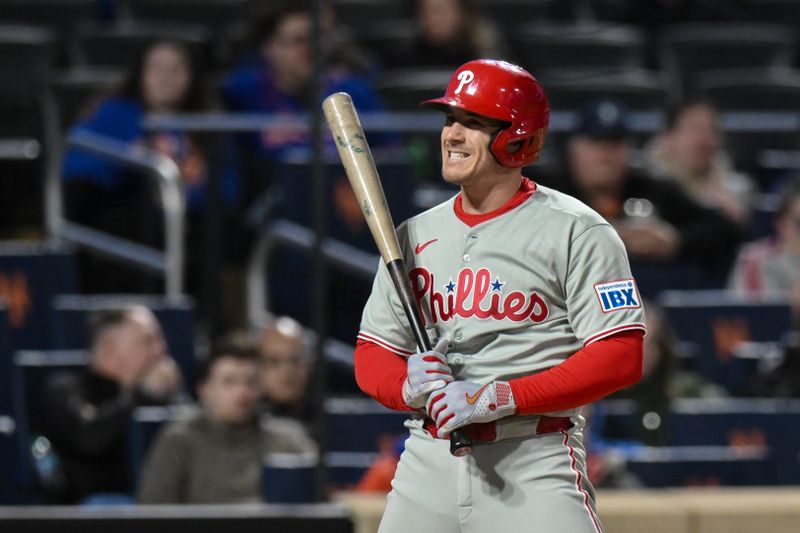 Apr 21, 2025; New York City, New York, USA; Philadelphia Phillies catcher J.T. Realmuto (10) reacts during the ninth inning against the New York Mets at Citi Field. Mandatory Credit: John Jones-Imagn Images