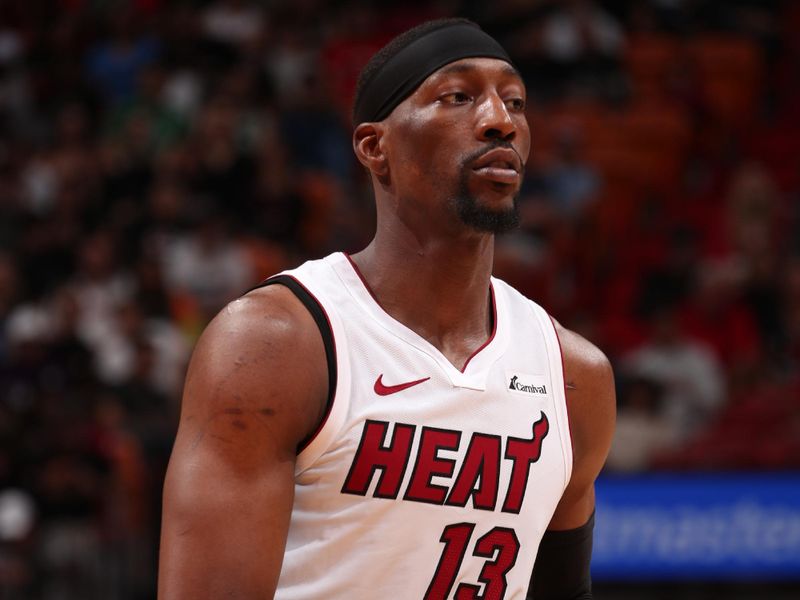 MIAMI, FL - MARCH 29: Bam Adebayo #13 of the Miami Heat looks to pass the ball during the game against the Portland Trail Blazers on March 29, 2024 at Kaseya Center in Miami, Florida. NOTE TO USER: User expressly acknowledges and agrees that, by downloading and or using this Photograph, user is consenting to the terms and conditions of the Getty Images License Agreement. Mandatory Copyright Notice: Copyright 2024 NBAE (Photo by Issac Baldizon/NBAE via Getty Images)