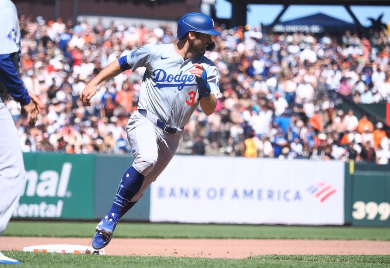 Jun 30, 2024; San Francisco, California, USA; Los Angeles Dodgers third baseman Chris Taylor (3) rounds third base for a run against the San Francisco Giants during the ninth inning at Oracle Park. Mandatory Credit: Kelley L Cox-USA TODAY Sports