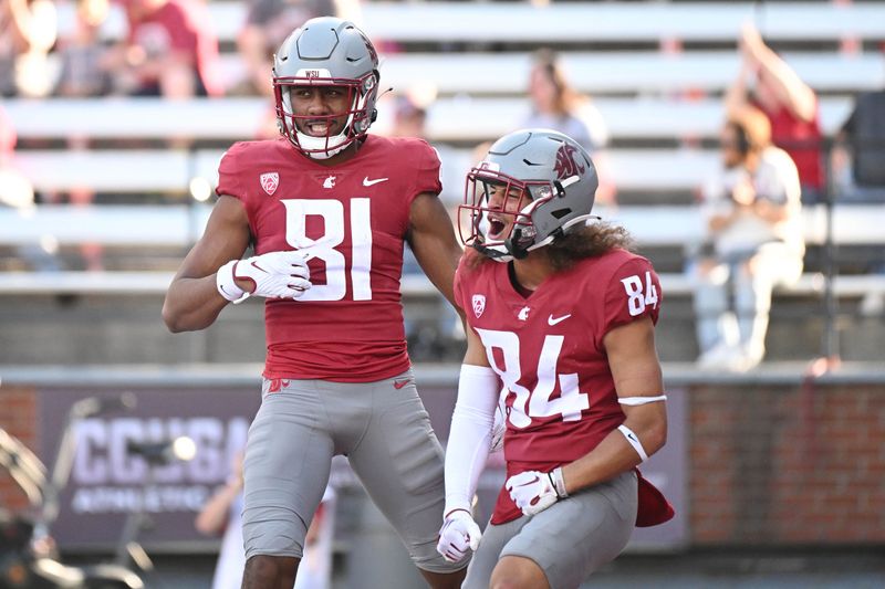 Sep 16, 2023; Pullman, Washington, USA; Washington State Cougars wide receiver Josh Meredith (84) celebrate scoring a touchdown with Washington State Cougars wide receiver Tsion Nunnally (81) during a game against the Northern Colorado Bearsin the second half at Gesa Field at Martin Stadium. Washington State won 64-21. Mandatory Credit: James Snook-USA TODAY Sports