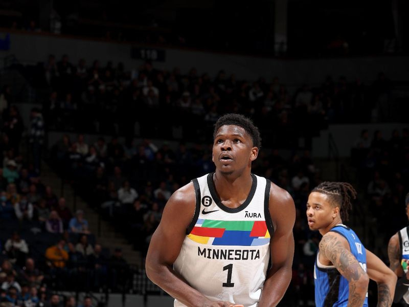 MINNEAPOLIS, MN -  FEBRUARY 3: Anthony Edwards #1 of the Minnesota Timberwolves prepares to shoot a free throw against the Orlando Magic on February 3, 2023 at Target Center in Minneapolis, Minnesota. NOTE TO USER: User expressly acknowledges and agrees that, by downloading and or using this Photograph, user is consenting to the terms and conditions of the Getty Images License Agreement. Mandatory Copyright Notice: Copyright 2023 NBAE (Photo by David Sherman/NBAE via Getty Images)