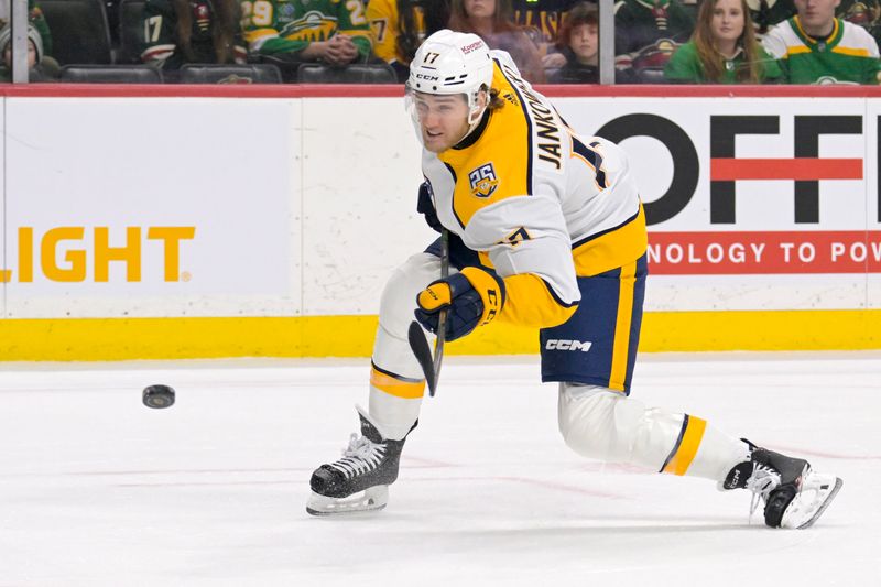 Mar 10, 2024; Saint Paul, Minnesota, USA;  Nashville Predators forward Mark Jankowski (17) scores a goal against the Minnesota Wild during the first period at Xcel Energy Center. Mandatory Credit: Nick Wosika-USA TODAY Sports

