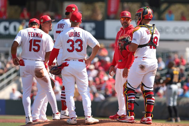 Mar 1, 2026; Jupiter, Florida, USA;  St. Louis Cardinals manager Oliver Marmol (37) speaks to catcher Ivan Herrera (48) during a pitching change against the Pittsburgh Pirates during the third inning at Roger Dean Chevrolet Stadium. Mandatory Credit: Sam Navarro-Imagn Images
