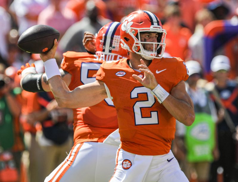 Sep 23, 2023; Clemson, South Carolina, USA; Clemson Tigers quarterback Cade Klubnik (2) throws a pass against the Florida State Seminoles during the first quarter at Memorial Stadium. Mandatory Credit: Ken Ruinard-USA TODAY Sports