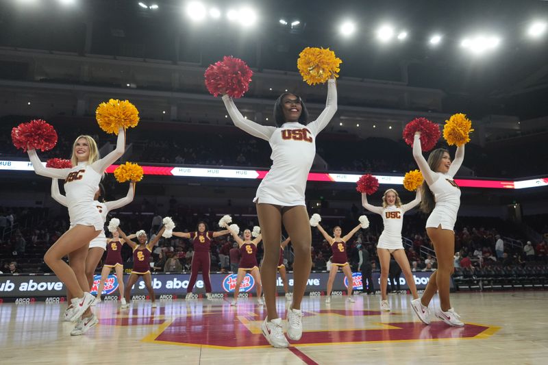 Jan 14, 2025; Los Angeles, California, USA; Southern California Trojans song girls cheerleaders perform during the game against the Iowa Hawkeyes at the Galen Center. Mandatory Credit: Kirby Lee-Imagn Images