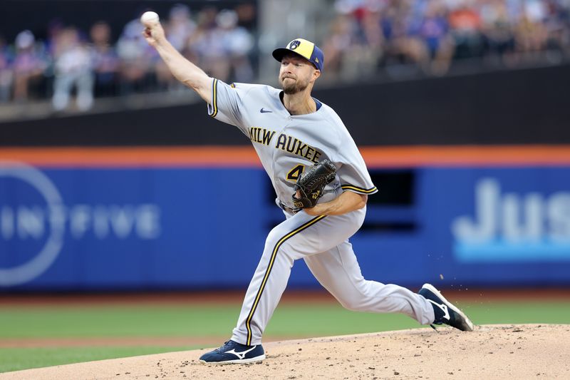 Jun 26, 2023; New York City, New York, USA; Milwaukee Brewers starting pitcher Colin Rea (48) pitches against the New York Mets during the first inning at Citi Field. Mandatory Credit: Brad Penner-USA TODAY Sports