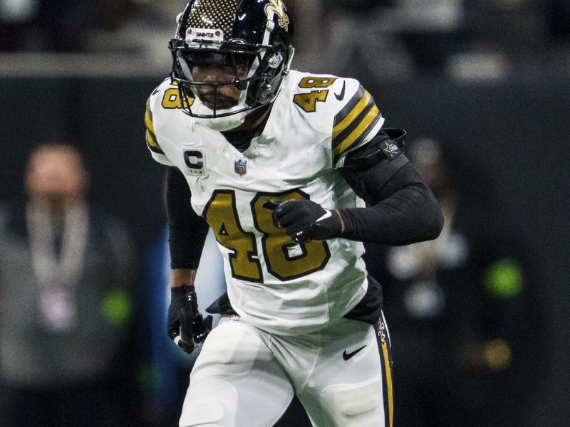 New Orleans Saints safety J.T. Gray (48) works during the first half of an NFL football game against the Atlanta Falcons, Sunday, Nov. 26, 2023, in Atlanta. The Atlanta Falcons won 24-15. (AP Photo/Danny Karnik)