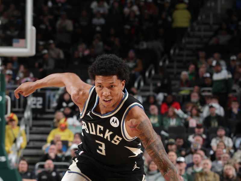 MILWAUKEE, WI - JANUARY 15:  MarJon Beauchamp #3 of the Milwaukee Bucks handles the ball during the game against the Orlando Magic on January 15, 2025 at Fiserv Forum Center in Milwaukee, Wisconsin. NOTE TO USER: User expressly acknowledges and agrees that, by downloading and or using this Photograph, user is consenting to the terms and conditions of the Getty Images License Agreement. Mandatory Copyright Notice: Copyright 2025 NBAE (Photo by Gary Dineen/NBAE via Getty Images).