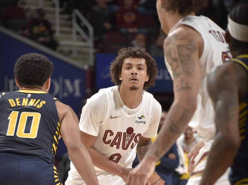 CLEVELAND, OH - APRIL 13: Craig Porter Jr. #9 of the Cleveland Cavaliers looks to pass the ball during the game against the Indiana Pacers on April 13, 2025 at Rocket Arena in Cleveland, Ohio. NOTE TO USER: User expressly acknowledges and agrees that, by downloading and/or using this Photograph, user is consenting to the terms and conditions of the Getty Images License Agreement. Mandatory Copyright Notice: Copyright 2025 NBAE (Photo by David Liam Kyle/NBAE via Getty Images)
