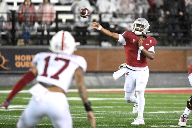 Nov 4, 2023; Pullman, Washington, USA; Washington State Cougars quarterback Cameron Ward (1) throws a pass against the Stanford Cardinal in the first half at Gesa Field at Martin Stadium. Mandatory Credit: James Snook-USA TODAY Sports