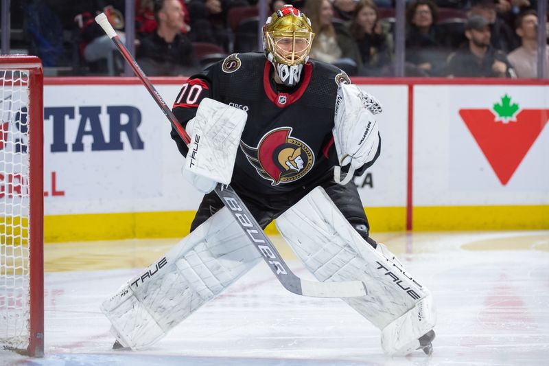Jan 13, 2024; Ottawa, Ontario, CAN; Ottawa Senators goalie Joonas Korpisalo (70) warms up prior to the start of the second period against the San Jose Sharks at the Canadian Tire Centre. Mandatory Credit: Marc DesRosiers-USA TODAY Sports
