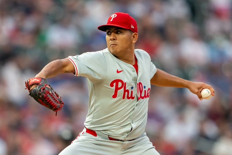 Jul 22, 2024; Minneapolis, Minnesota, USA; Philadelphia Phillies pitcher Ranger Suárez (55) delivers a pitch against the Minnesota Twins in the first inning at Target Field. Mandatory Credit: Jesse Johnson-USA TODAY Sports