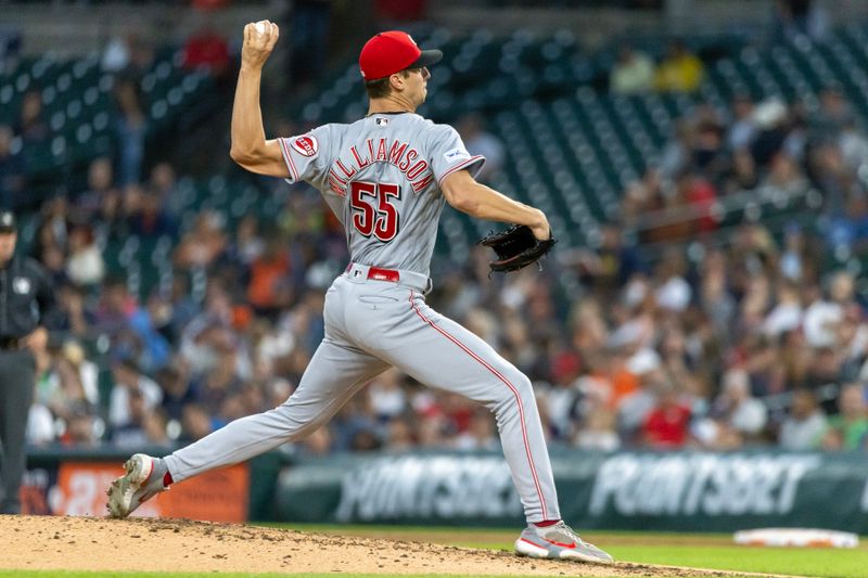 Sep 12, 2023; Detroit, Michigan, USA; Cincinnati Reds starting pitcher Brandon Williamson (55) throws in the fourth inning against the Detroit Tigers at Comerica Park. Mandatory Credit: David Reginek-USA TODAY Sports