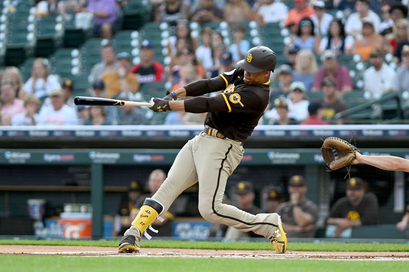 Jul 21, 2023; Detroit, Michigan, USA;  San Diego Padres left fielder Juan Soto (22) hits a solo home run off Detroit Tigers starting pitcher Reese Olson (45) (not pictured) in the first inning at Comerica Park. Mandatory Credit: Lon Horwedel-USA TODAY Sports