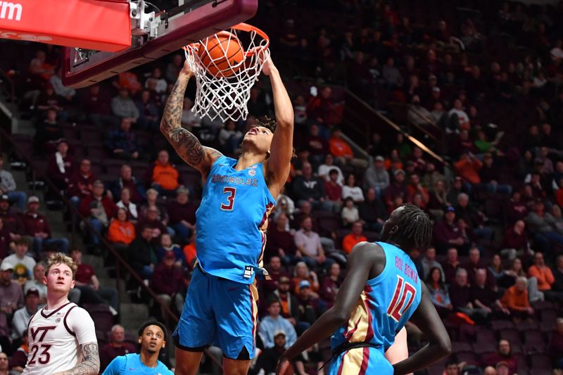 Feb 13, 2024; Blacksburg, Virginia, USA; Florida State Seminoles forward Cam Corhen (3) dunks the ball during the first half at Cassell Coliseum. Mandatory Credit: Brian Bishop-USA TODAY Sports