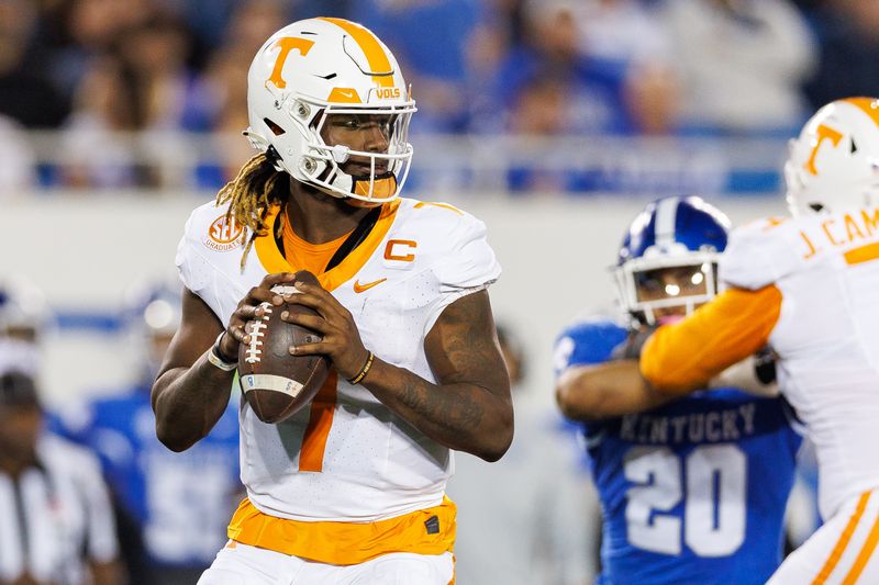 Oct 28, 2023; Lexington, Kentucky, USA; Tennessee Volunteers quarterback Joe Milton III (7) passes during the second quarter against the Kentucky Wildcats at Kroger Field. Mandatory Credit: Jordan Prather-USA TODAY Sports