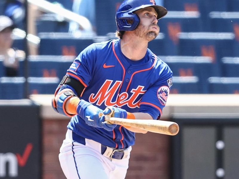 May 26, 2024; New York City, New York, USA;  New York Mets second baseman Jeff McNeil (1) hits a double in the fifth inning against the San Francisco Giants at Citi Field. Mandatory Credit: Wendell Cruz-USA TODAY Sports