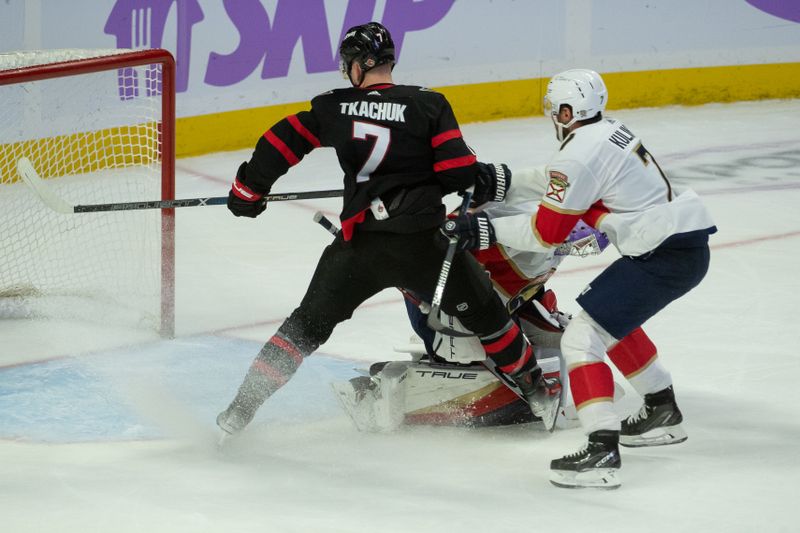 Nov 27 2023; Ottawa, Ontario, CAN; Ottawa Senators left wing Brady Tkachuk (7) makes contact with Florida Panthers goalie Sergei Bobrovsky (72) on a net drive in the third period at the Canadian Tire Centre. Mandatory Credit: Marc DesRosiers-USA TODAY Sports